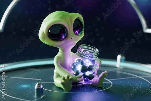 Adorable alien creature holding a jar filled with glowing orbs in a futuristic setting. photo