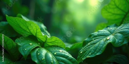 Lush cempazuchitl foliage glistening with raindrops, tropical plants, stems, greenery photo