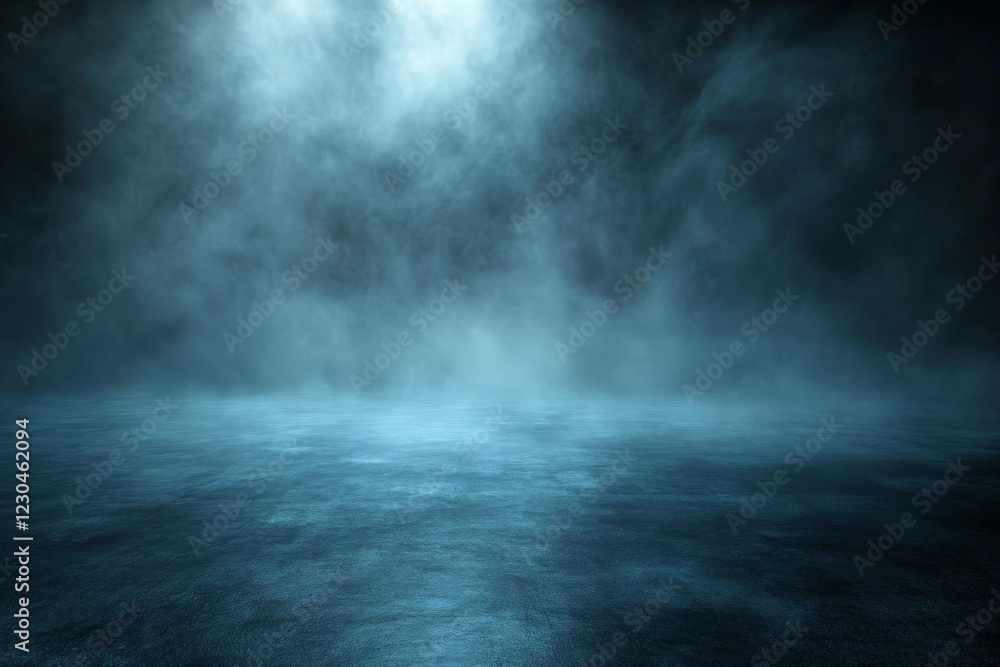 Fototapeta premium Mysterious blue mist envelops an empty stage in a dimly lit atmosphere creating an eerie ambiance