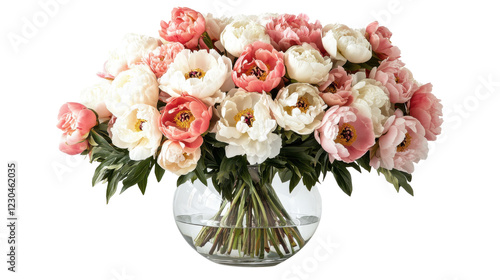 A studio shot of a bouquet of peonies in soft pastel shades of pink, cream, and white, arranged in a modern, transparent glass vase