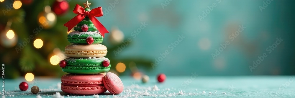 Macaron Christmas tree topper with a bow and ribbon, decoration, macarons, dessert Macaron Christmas tree topper with a bow and ribbon, decoration, macarons, dessert