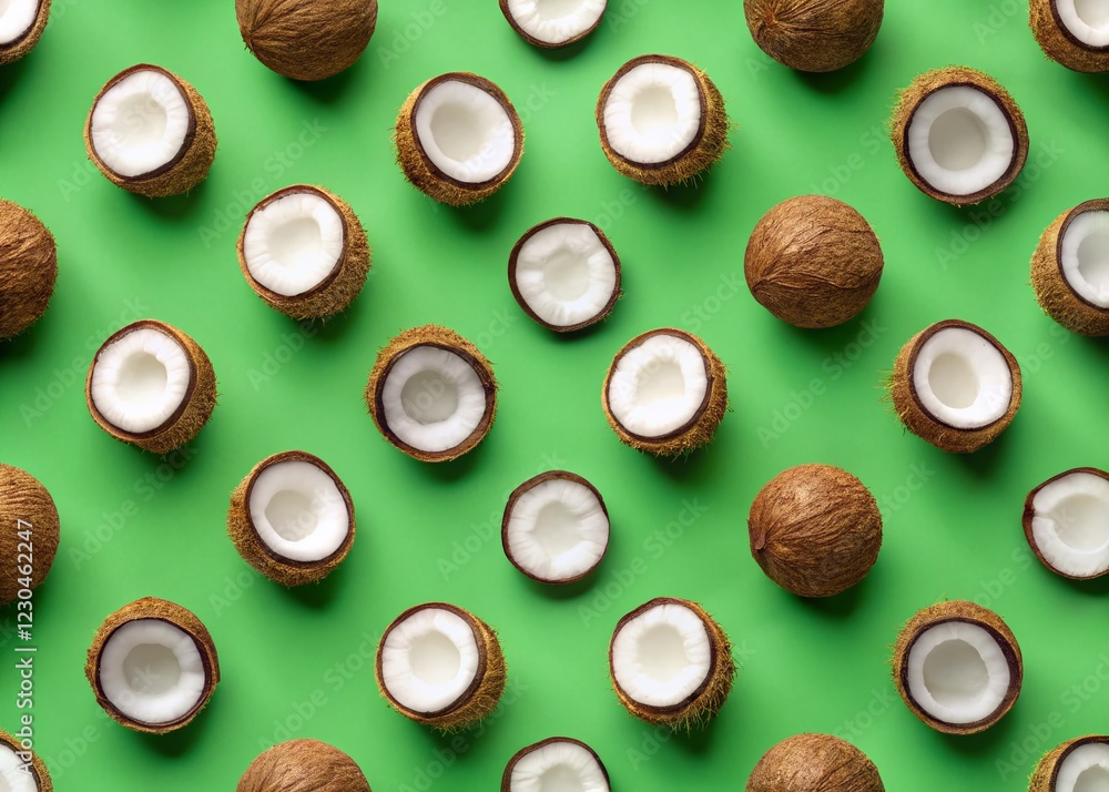 Summer Coconut Silhouette Pattern: Tropical Green Background Top View Stock Photo Summer Coconut Silhouette Pattern: Tropical Green Background Top View Stock Photo