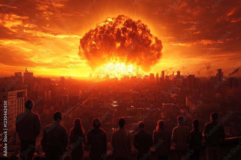 Obraz premium People observing a massive explosion over a city at sunset