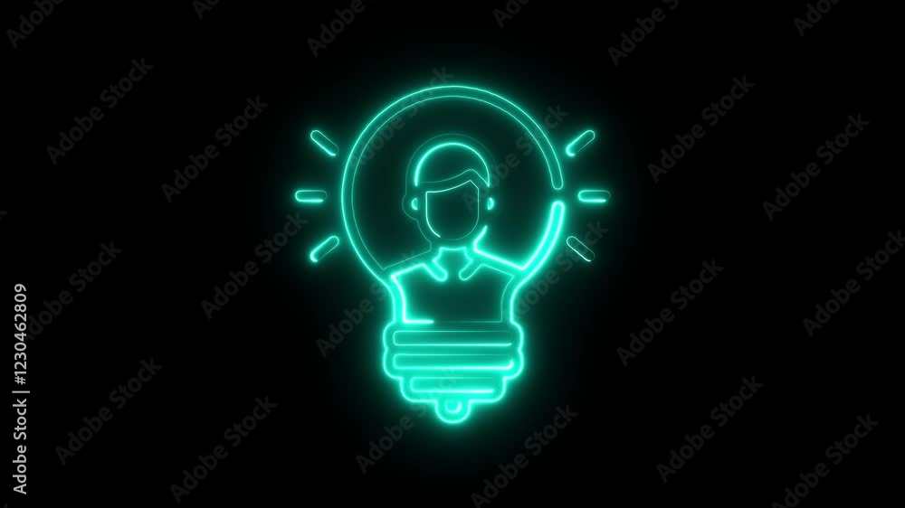 Glowing neon man and bulb icon animation on black screen background. Glowing neon man and bulb icon animation on black screen background.
