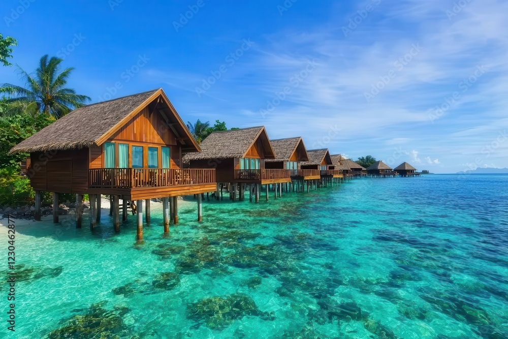 Island hopping on sandy shores defines a perfect beach vacation. Tropical overwater bungalows by clear blue water and palm trees. Island hopping on sandy shores defines a perfect beach vacation. Tropical overwater bungalows by clear blue water and palm trees.