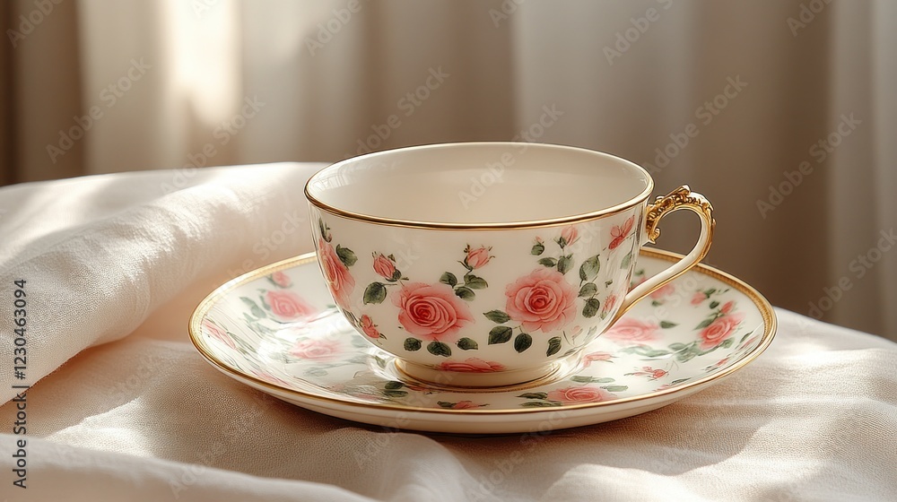 Empty floral teacup and saucer on fabric. Empty floral teacup and saucer on fabric.