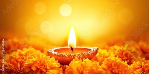 Warm Glow of Diwali Candle Surrounded by Marigold Flowers photo