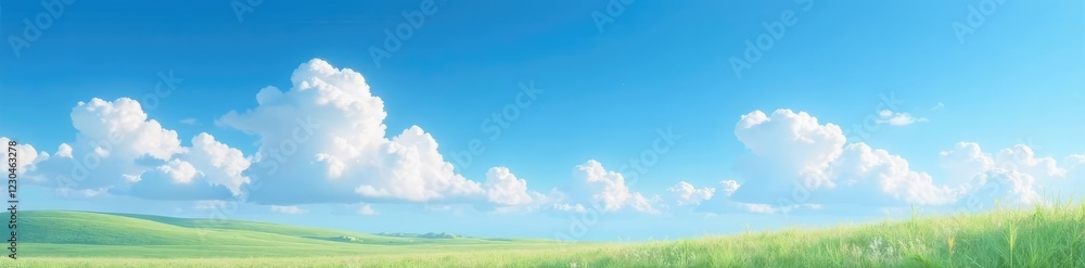 Serene landscape under the vast blue sky and white puffy clouds, natural landscape, airy, peaceful Serene landscape under the vast blue sky and white puffy clouds, natural landscape, airy, peaceful