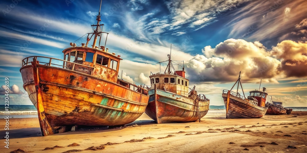 Fototapeta premium Sun-bleached Derelict Ships on Sandy Shore: Vintage Coastal Photography