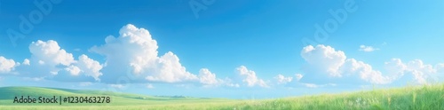 Serene landscape under the vast blue sky and white puffy clouds, natural landscape, airy, peaceful