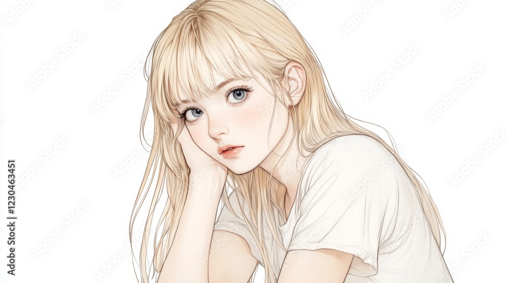Pensive blonde girl with bangs, resting her head on her hand, wearing a white shirt, against a white background. Pensive blonde girl with bangs, resting her head on her hand, wearing a white shirt, against a white background.