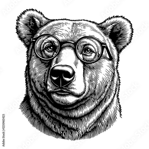Frontal Portrait Bear Wearing Glasses Black and White Outline Line Art Drawing with Detail