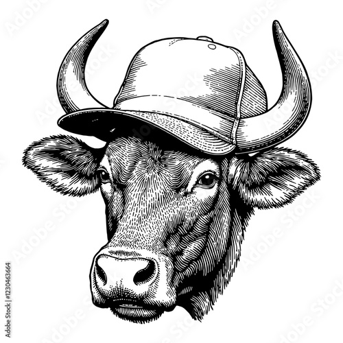 Bull Wearing Snapback Hat Detailed Black and White Outline Line Art Drawing Front View