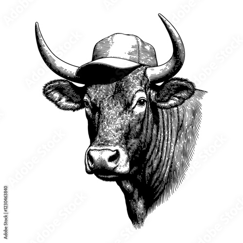 Bull Wearing Snapback Hat Detailed Black and White Outline Line Art Drawing