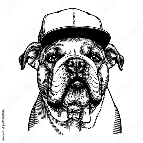Bulldog Wearing Snapback Hat Detailed Black and White Outline Line Art Drawing Portrait