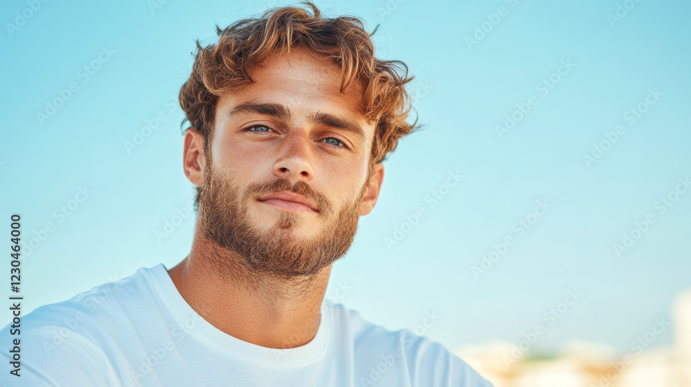 Young caucasian man with a beard in a white shirt smiling on a sunny day at the beach relaxed outdoor portrait Young caucasian man with a beard in a white shirt smiling on a sunny day at the beach relaxed outdoor portrait