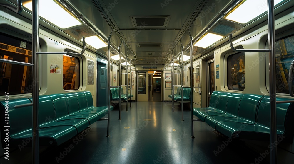 Modern Spacious Subway Train Interior with Night-time Ambiance Modern Spacious Subway Train Interior with Night-time Ambiance