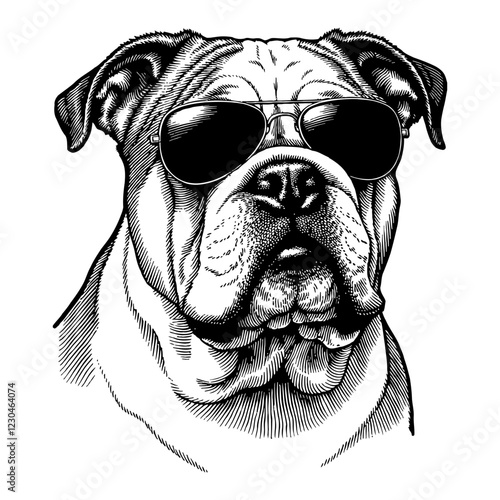 Bulldog with Sunglasses in Detailed Black and White Outline Line Art Drawing from Front View