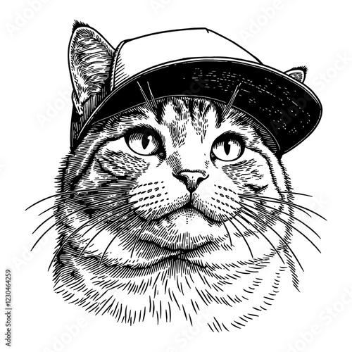 Cool Cat with Snapback Hat Detailed Black and White Outline Line Art Drawing Vector