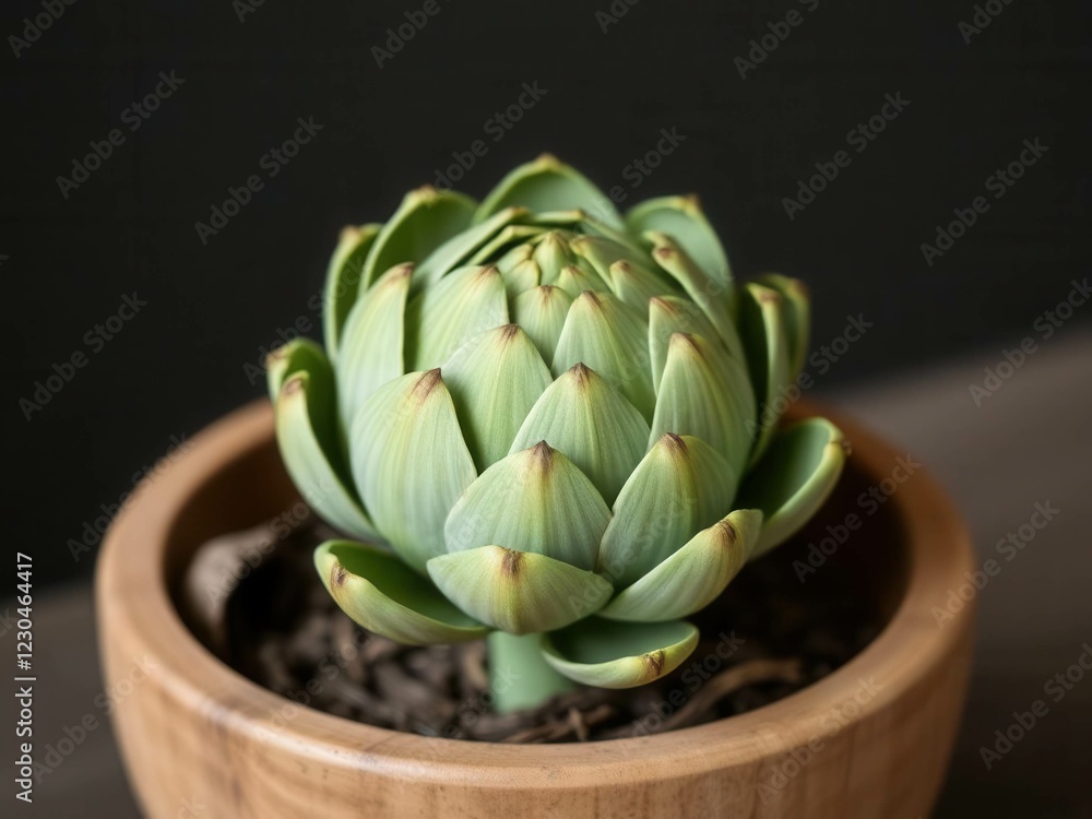 Fototapeta premium A small green plant with a brown pot. artichoke