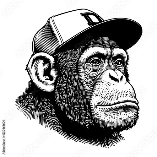 Chimpanzee with Snapback Hat Detailed Black and White Outline Line Art Drawing