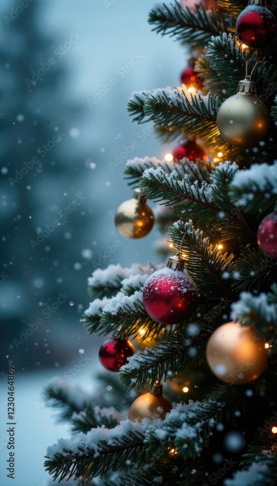 Sparkling snowflakes fall onto colorful Christmas tree, Snowy scene, Snowflakes, Winter wonderland Sparkling snowflakes fall onto colorful Christmas tree, Snowy scene, Snowflakes, Winter wonderland