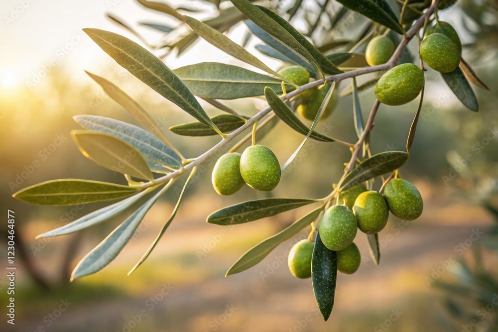 Sunlit Green Olives on Olive Branch - Fresh Harvest Stock Photo Sunlit Green Olives on Olive Branch - Fresh Harvest Stock Photo