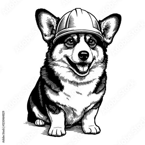 Corgi Dog Wearing Hard Hat Construction Helmet in Black and White Outline Line Art Drawing
