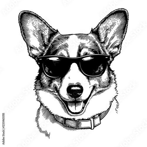 Corgi Dog Wearing Sunglasses in Detailed Black and White Outline Line Art Drawing