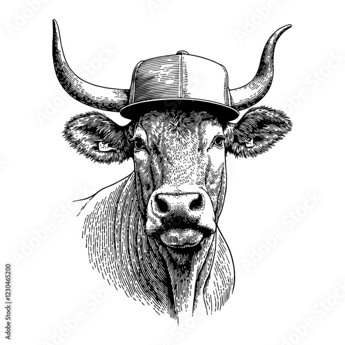 Cool Cow Wearing Snapback Hat Front View Detailed Black and White Outline Line Art Drawing