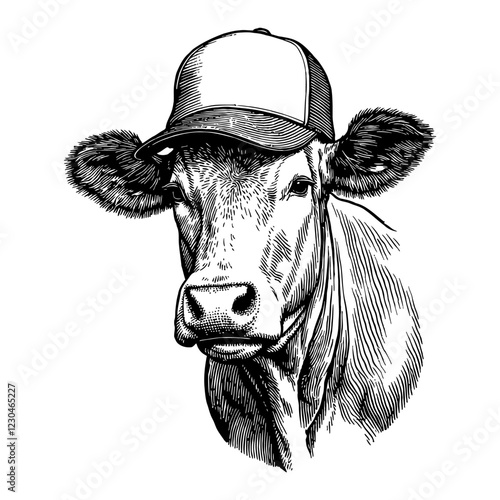 Cow Wearing Snapback Hat Detailed Black and White Outline Line Art Drawing Engraving Style