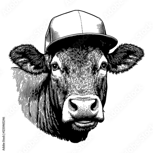 Cow Wearing Snapback Hat Detailed Black and White Outline Line Art Drawing Head Front View
