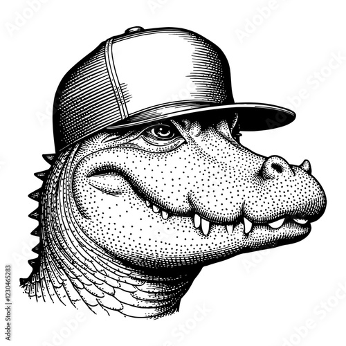 Crocodile Head Wearing Snapback Hat Black and White Outline Line Art Drawing