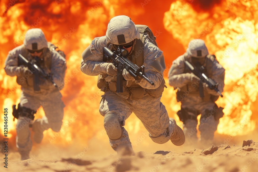Military Operation: Soldiers in Action Amidst Explosions Military Operation: Soldiers in Action Amidst Explosions