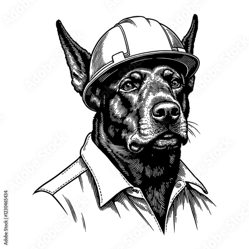 Doberman Wearing Construction Helmet Black and White Outline Line Art Drawing Isolated on White