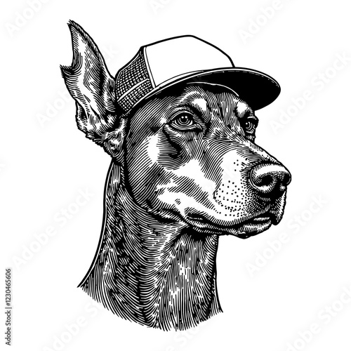 Doberman Dog Head Wearing Snapback Hat Detailed Black and White Outline Line Art Drawing