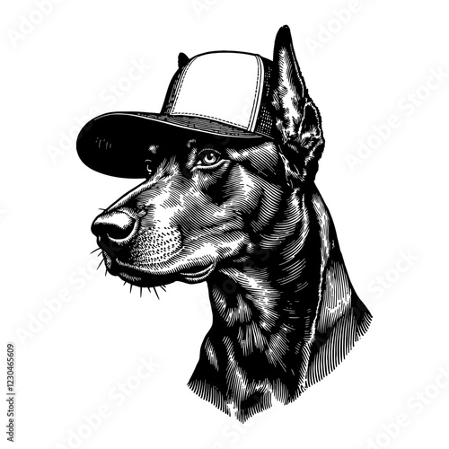 Doberman Dog Wearing Snapback Hat Detailed Black and White Outline Line Art Drawing