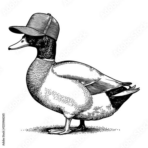 Duck Wearing Snapback Hat Black and White Outline Line Art Drawing Engraved Style Detailed Animal
