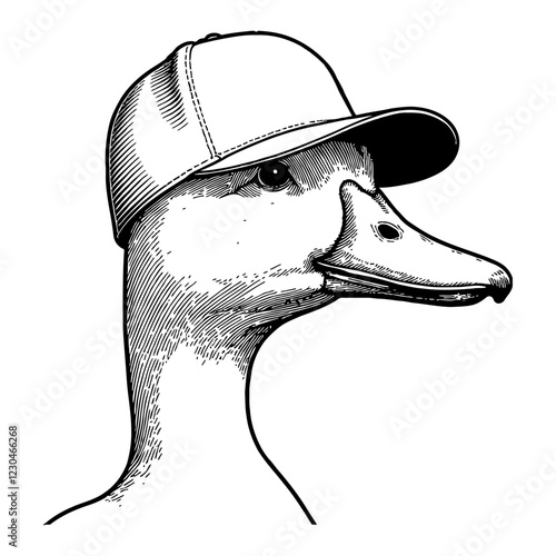 Duck Wearing Snapback Hat Detailed Black and White Outline Line Art Drawing with Side View
