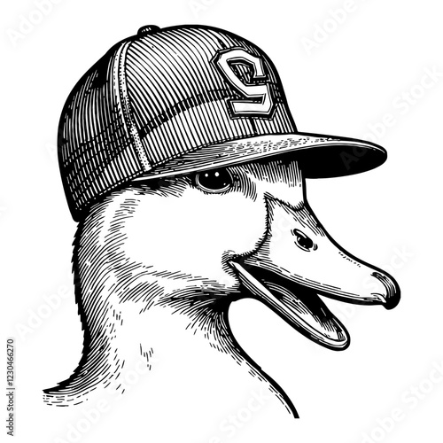 Duck with Snapback Hat Black and White Outline Line Art Drawing Detailed Illustration Isolated