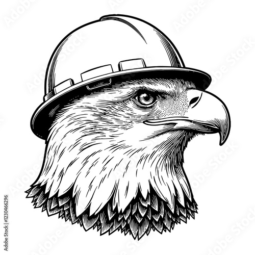 Eagle with Construction Helmet Black and White Outline Line Art Drawing in Detailed Sketch