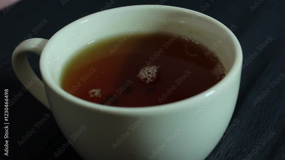 Tea in a white mug. White mug close up. Coffee mug. Tea in a white mug. Tea being stirred with a spoon. Cup on black background. Sugar being poured into tea. Tea in a white mug. White mug close up. Coffee mug. Tea in a white mug. Tea being stirred with a spoon. Cup on black background. Sugar being poured into tea.