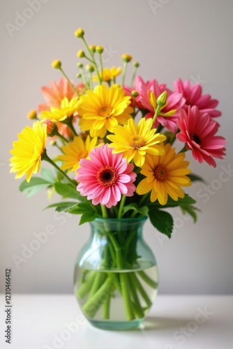A colorful mix of yellow and pink flowers in a vase, pink, garden flowers, spring