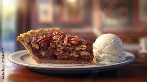 Delicious Pecan Pie Slice with Vanilla Ice Cream photo