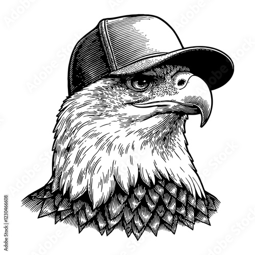 Eagle Head with Snapback Hat in Detailed Black and White Outline Line Art Drawing