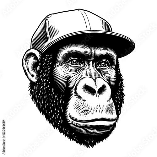 Gorilla Wearing Snapback Hat in Black and White Outline Line Art Drawing Isolated Vector