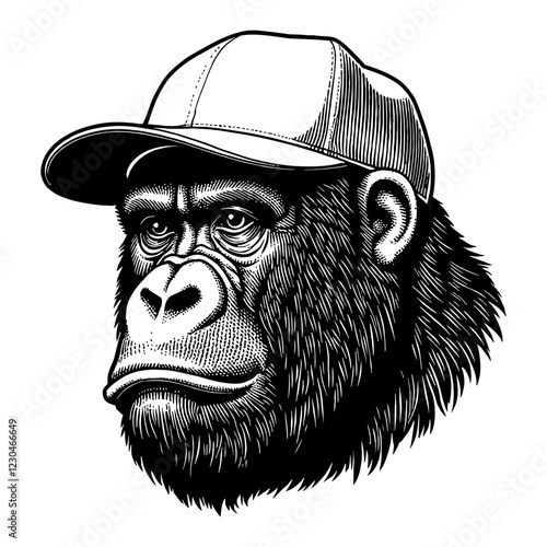 Cool Gorilla Wearing Snapback Hat Detailed Black and White Outline Line Art Drawing