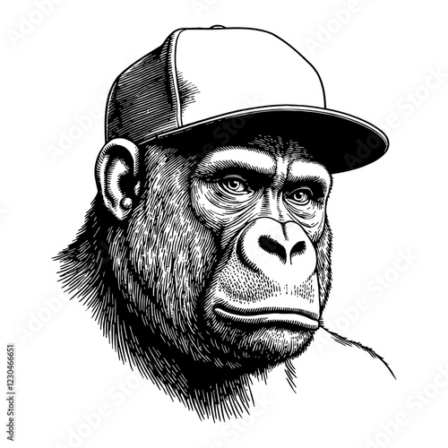 Gorilla Wearing a Snapback Hat Detailed Black and White Outline Line Art Drawing