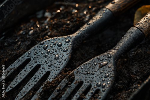 Close-up of freshly used gardening tools—pruners, hand rake, and gloves—resting on rich, dark soil, with dewdrops on a leaf and a blurred flower bed. Generative AI