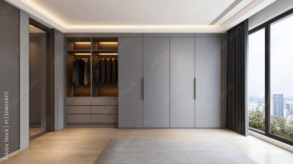 Minimalist dressing room with grey modern wardrobe and Wooden floor, Large windows Minimalist dressing room with grey modern wardrobe and Wooden floor, Large windows
